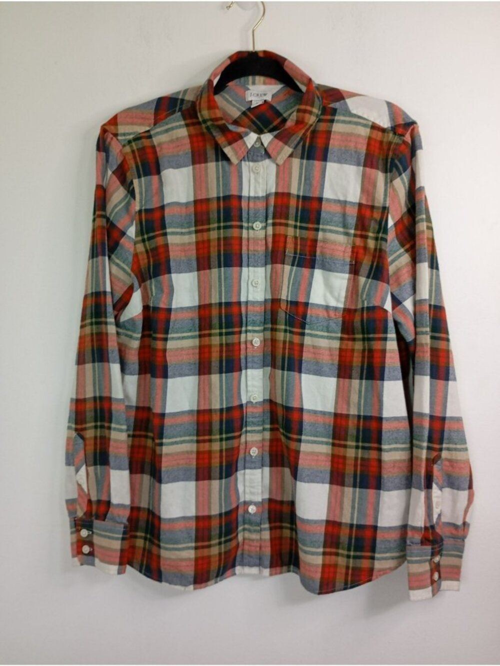 J.Crew Womens Plaid Long-Sleeve Shirt Franel Red/Beige/Blue Size L 100% Cotton